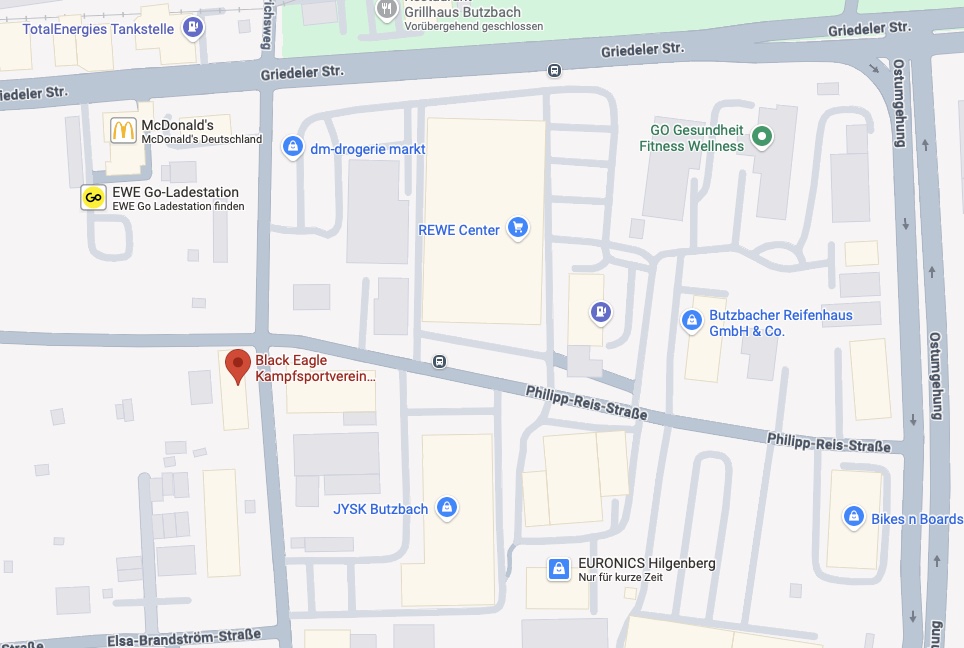 Lageplan: Der Verein liegt an der Straße Am Hetgesborn im Gewerbegebiet Butzbach, nahe REWE Center und Griedeler Straße.